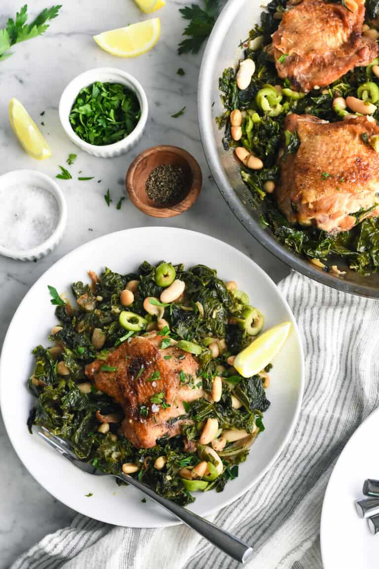 Braised Chicken with Kale, White Beans and Olives