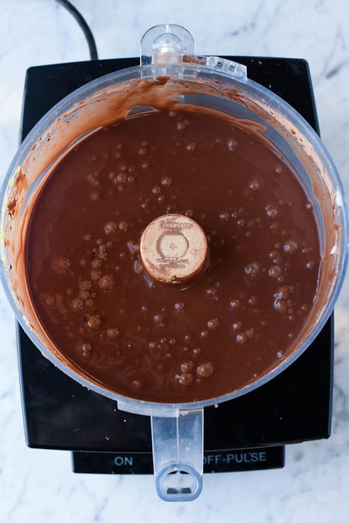 No Bake Chocolate Mousse Bars filling in food processor mixed