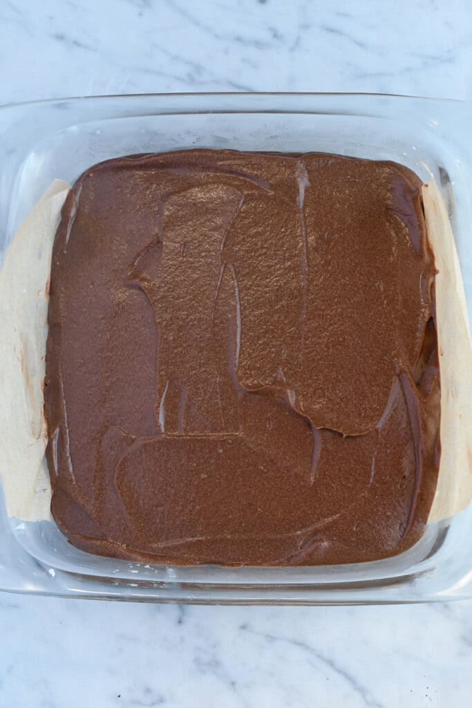 No Bake Chocolate Mousse Bars filling in the pan