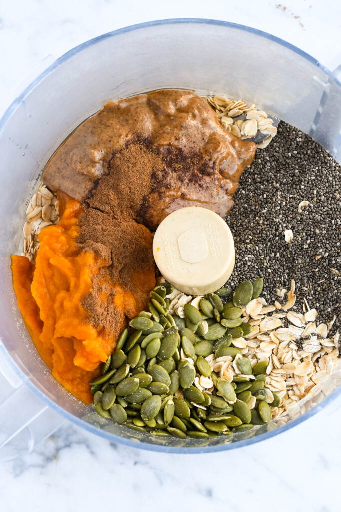 Pumpkin Energy Bites ingredients in food processor 