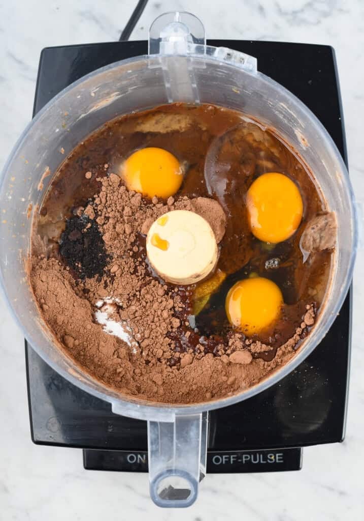 Black Bean Brownies ingredients unmixed in a food processor