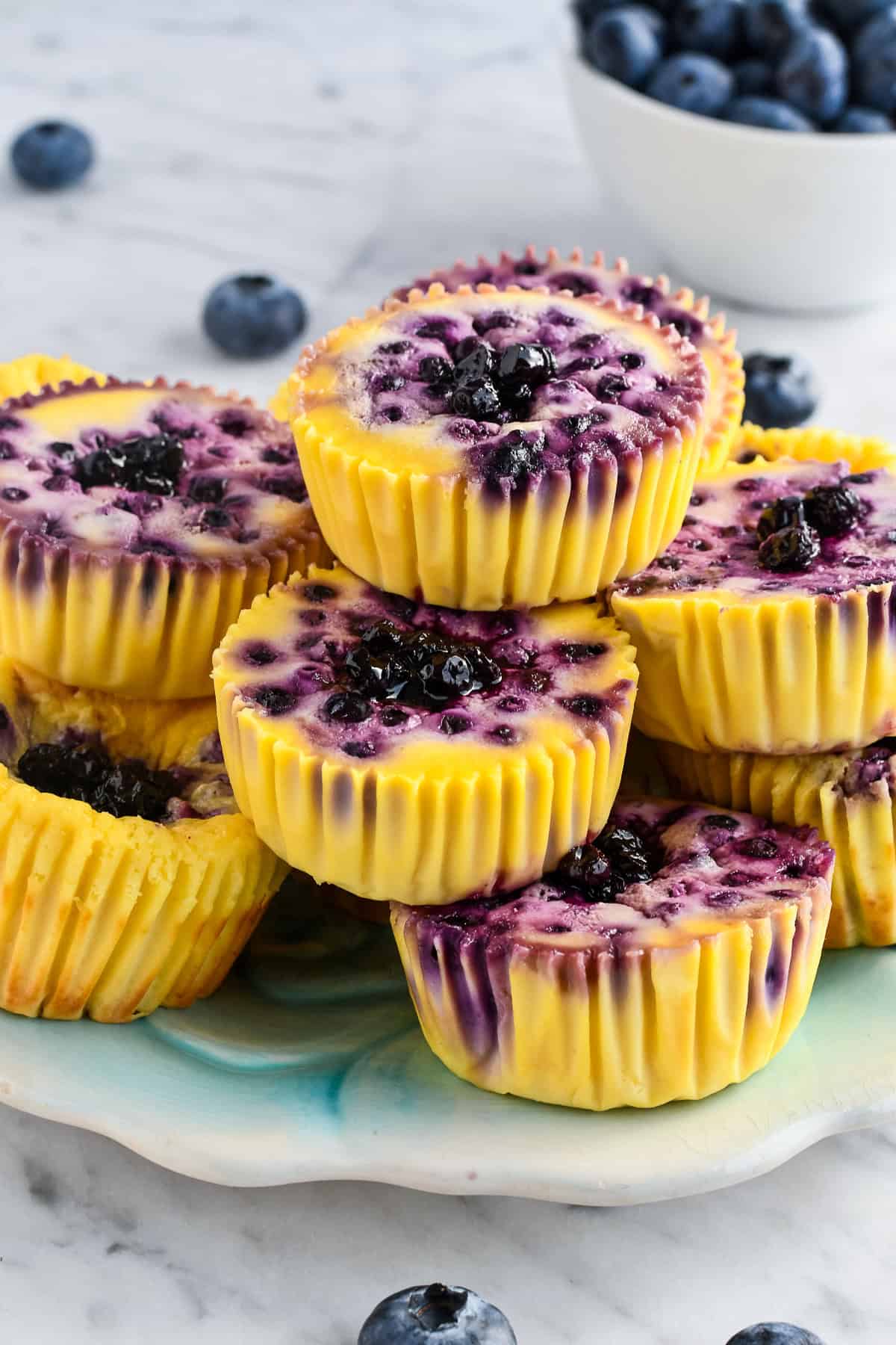 Easy Blueberry Cottage Cheese Bites on a plate piled on top of each other
