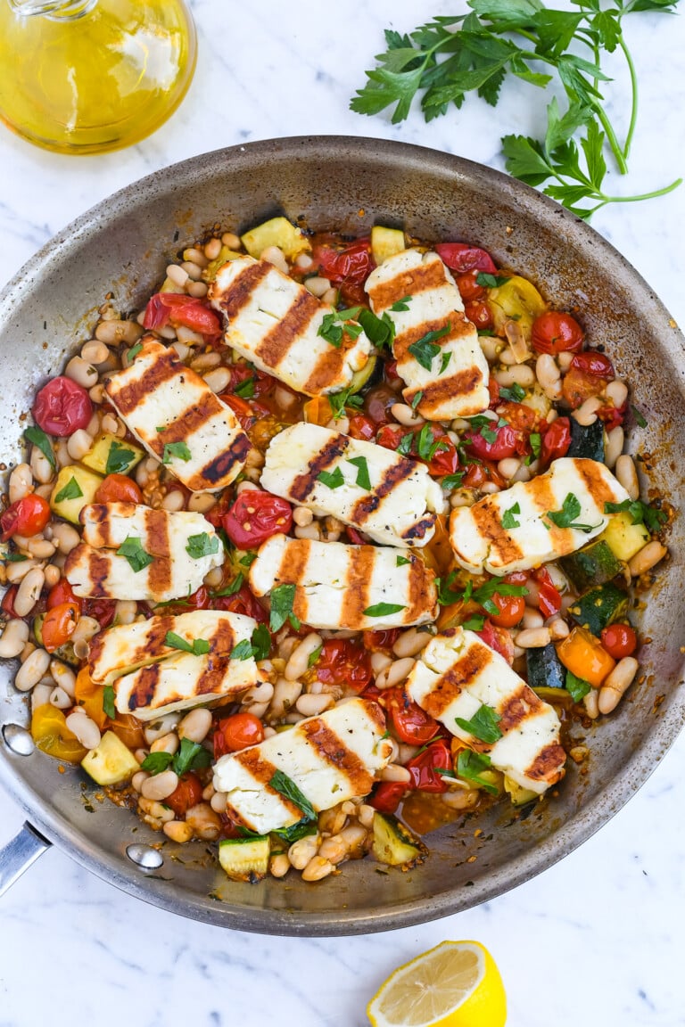 Crispy Halloumi with Cherry Tomatoes White Beans & Zucchini