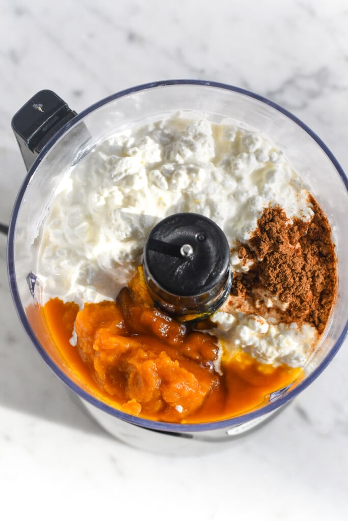 Whipped Pumpkin Cottage Cheese Pudding in blender over view