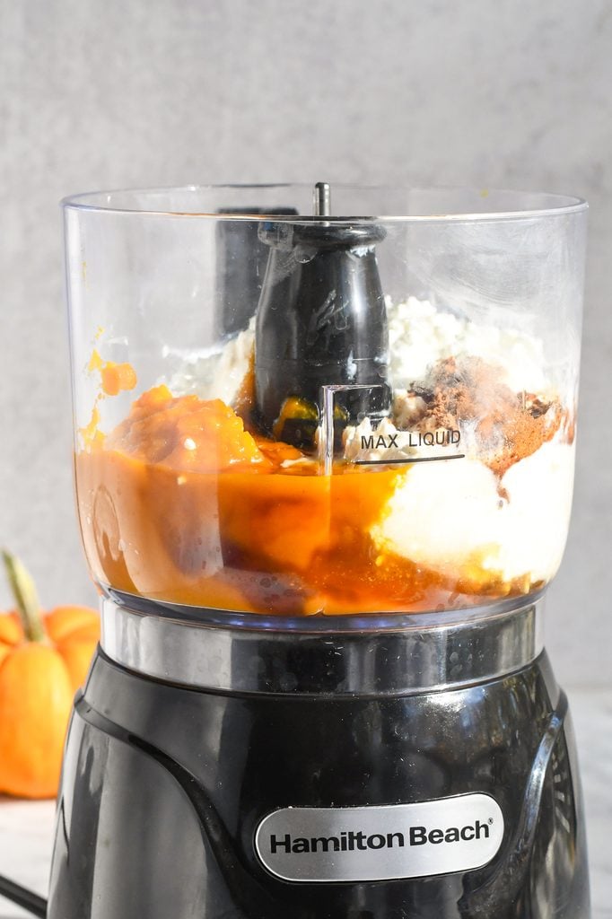 Whipped Pumpkin Cottage Cheese Pudding in blender side view